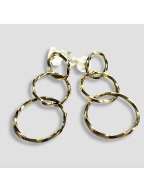 Hammered Drop Earrings Triple Linked Open Circle Hoops Post Back Closure Gold OS